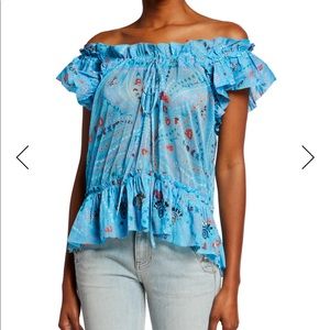 Blue off the shoulder ruffle top